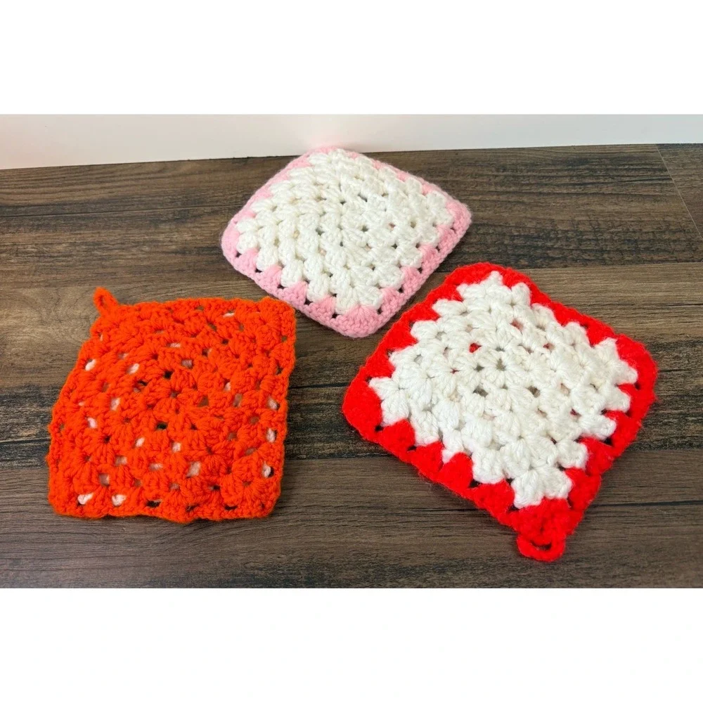 Lot Of 3 Handmade Crochet Floral Granny Square Pot Holder Trivet 6